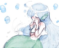 Rule 34 | blue hair, blush, bubble, closed eyes, crying, eveo, fins, fish tail, green tail, head fins, highres, long hair, madou monogatari, mermaid, monster girl, on water, puyopuyo, serilly (puyopuyo), tail, white background