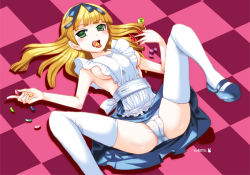 Rule 34 | 1girl, apron, bad id, bad pixiv id, blonde hair, breasts, candy, checkered floor, female focus, floor, food, green eyes, jelly bean, kuroto, kuroto (722), lying, mary janes, medium breasts, on back, on floor, open mouth, original, panties, ribbon, shoes, sideboob, skirt, solo, spread legs, thighhighs, tongue, underwear, white thighhighs