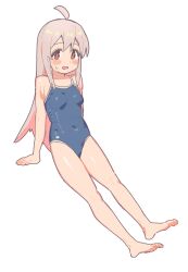 Rule 34 | 1girl, :d, absurdres, ahoge, bare arms, bare legs, bare shoulders, barefoot, blue one-piece swimsuit, blush, commentary, covered navel, feet, full body, grey hair, hair between eyes, highres, karubi (karubi465558), long hair, looking at viewer, multicolored hair, one-piece swimsuit, onii-chan wa oshimai!, open mouth, oyama mahiro, penis, pink hair, simple background, sitting, small penis, smile, solo, sweatdrop, swimsuit, toes, two-tone hair, white background