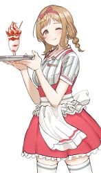 Rule 34 | 1girl, alternate hairstyle, braid, brown eyes, brown hair, closed mouth, commentary request, cup, dress, drinking glass, dunchy, frilled dress, frills, highres, holding, holding tray, idolmaster, idolmaster shiny colors, looking at viewer, low twin braids, one eye closed, red dress, sakuragi mano, shirt, short hair, simple background, smile, solo, strawberry parfait, striped clothes, striped shirt, thighhighs, tray, twin braids, vertical-striped clothes, vertical-striped shirt, white background, white thighhighs