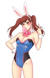 Rule 34 | 1girl, adapted costume, alternate hairstyle, animal ears, animal print, bare shoulders, breasts, brown eyes, brown hair, blowing bubbles, chewing gum, choker, cleavage, cowboy shot, d.va (overwatch), detached collar, facepaint, facial mark, fake animal ears, hand on own hip, hand up, legs, leotard, long hair, looking at viewer, m mim, medium breasts, overwatch, overwatch 1, playboy bunny, rabbit, rabbit ears, rabbit print, red ribbon, ribbon, ribbon choker, simple background, solo, strapless, strapless leotard, twintails, v, whisker markings, white background, wrist cuffs