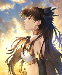 Rule 34 | 1girl, bad id, bad twitter id, black ribbon, blue sky, breasts, brown hair, cloud, earrings, elbow gloves, fate/grand order, fate (series), from side, gloves, hair ribbon, highres, hoop earrings, ishtar (fate), jewelry, long hair, medium breasts, nasaniliu, profile, red eyes, ribbon, sky, solo, twintails, upper body