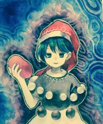 Rule 34 | 1girl, :3, arm up, black capelet, blue eyes, blue hair, capelet, commentary request, doremy sweet, dress, flat chest, hat, highres, holding, kaigen 1025, looking at viewer, open mouth, painting (medium), pom pom (clothes), red hat, short hair, solo, touhou, traditional media, upper body, watercolor (medium), white dress