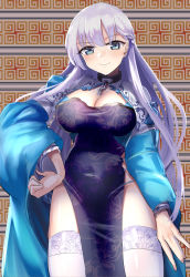 Rule 34 | 1girl, absurdres, azur lane, belfast (azur lane), belfast (iridescent rosa) (azur lane), belfast (iridescent rosa) (azur lane), blue eyes, braid, breasts, chain, china dress, chinese clothes, cleavage, closed mouth, dress, gunnjou yosio, highres, large breasts, long hair, long sleeves, looking at viewer, narrow waist, pelvic curtain, purple dress, silver hair, smile, solo, thighhighs, very long hair, white thighhighs