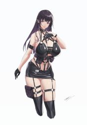 Rule 34 | 1girl, absurdres, breasts, gloves, goddess of victory: nikke, goth fashion, harness, highres, large breasts, long hair, mihara (nikke), o-ring, o-ring harness, purple eyes, purple hair, simple background, skindentation, solo, thigh strap, wanren (whter11), white background