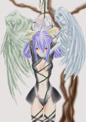 Rule 34 | 1girl, arc system works, arms up, asymmetrical wings, bad anatomy, bdsm, blue hair, bondage, bound, breasts, crotch rope, dizzy (guilty gear), guilty gear, hair ribbon, necro (guilty gear), plant, poorly drawn, red eyes, ribbon, rope, skull, small breasts, undine (guilty gear), vines, wings
