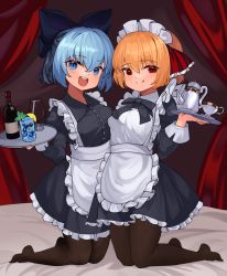 Rule 34 | 2girls, :d, :q, absurdres, alternate costume, apron, bed, black dress, blonde hair, blue bow, blue eyes, blue hair, bottle, bow, cirno, closed mouth, cup, curtains, dress, drinking glass, from side, full body, hair bow, hair ribbon, highres, holding, holding tray, indoors, kneeling, looking at viewer, maid, maid headdress, multiple girls, open mouth, pantyhose, qwas69, red eyes, red ribbon, ribbon, rumia, smile, teacup, teapot, tongue, tongue out, touhou, tray, white apron, wine bottle