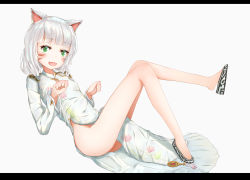 Rule 34 | 1girl, absurdres, animal ears, babai hu, breasts, cat ears, chinese clothes, final fantasy, final fantasy xiv, green eyes, highres, miqo&#039;te, no panties, open mouth, paw pose, pelvic curtain, slit pupils, small breasts, solo, white hair