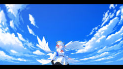 Rule 34 | 1girl, :d, ^ ^, angel wings, aoi thomas, bare shoulders, blue hair, blue sky, blush, bow, breasts, closed eyes, cloud, collared dress, commentary request, day, dress, closed eyes, feathered wings, floating hair, frilled dress, frills, gradient hair, hair bow, highres, jacket, laurel crown, letterboxed, long hair, multicolored hair, multiple wings, off shoulder, open clothes, open jacket, open mouth, original, outdoors, pleated dress, red bow, sky, sleeveless, sleeveless dress, small breasts, smile, solo, very long hair, white dress, white hair, white jacket, white wings, wings