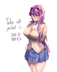 Rule 34 | 1girl, absurdres, arms behind back, bare legs, blouse, blue skirt, blush, breasts, brown jacket, buttons, doki doki literature club, hair between eyes, hair intakes, hair ornament, hairclip, highres, huge breasts, jacket, large breasts, long hair, looking to the side, meme, orange shirt, pleated skirt, purple eyes, purple hair, school uniform, shirt, shy, skirt, solo, thick thighs, thighs, twitter strip game (meme), vest, yudsnuts, yuri (doki doki literature club)