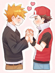 Rule 34 | 2boys, belt, belt buckle, blonde hair, blue oak, blush, brown hair, buckle, closed eyes, closed mouth, commentary request, creatures (company), game freak, grin, hands up, hat, heart, highres, holding hands, jacket, long sleeves, looking at another, male focus, mochi (mocchi p 2m), multiple boys, nintendo, pants, pokemon, pokemon hgss, red (pokemon), red hat, red vest, shirt, short hair, short sleeves, smile, spiked hair, teeth, vest, wristband, yaoi