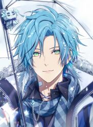Rule 34 | 1boy, altventurer (regis altare), bandaid, bandaid on neck, bishounen, blue hair, blue scarf, closed mouth, commentary, ear piercing, earbuds, earphones, earrings, feather earrings, feathers, green eyes, highres, holostars, holostars english, hood, hood down, jewelry, male focus, piercing, portrait, regis altare, scarf, shin diena, short hair, smile, snowing, solo, symbol-only commentary, transparent, transparent umbrella, umbrella, virtual youtuber, white background, winter clothes
