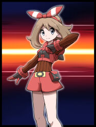 Rule 34 | 1girl, absurdres, alternate costume, arrow (symbol), brown hair, brown sweater, closed mouth, cosplay, creatures (company), dialogue box, eyelashes, frown, game freak, gloves, grey eyes, hairband, highres, hood, hooded vest, hoodie, may (pokemon), medium hair, nintendo, poke ball symbol, pokemon, pokemon oras, red hairband, red shorts, red vest, ribbed sweater, shabana may, shorts, solo, sweater, team magma, team magma grunt, team magma grunt (cosplay), team magma uniform, trainer wants to battle, vest