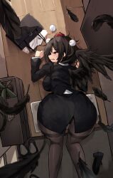 Rule 34 | 1girl, absurdres, ass, bag, black hair, blush, breasts, feathered wings, feathers, highres, hira-san, huge ass, large breasts, red eyes, shameimaru aya, shoes, solo, tearing up, tears, tengu, thighhighs, thighs, touhou, wings