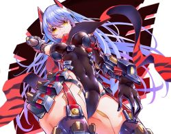 Rule 34 | 1girl, android, aya (ay oekaki), blue hair, breasts, joints, large breasts, leotard, long hair, looking at viewer, mechanical parts, navel, poppi (xenoblade), poppi qtpi (xenoblade), red eyes, robot, robot ears, robot joints, scarf, solo, thighhighs, thighs, very long hair, xenoblade chronicles (series), xenoblade chronicles 2