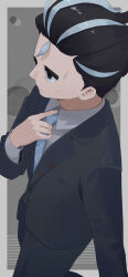Rule 34 | 1boy, absurdres, adjusting clothes, adjusting necktie, black eyes, black hair, black jacket, black pants, closed mouth, collared shirt, commentary request, creatures (company), from side, game freak, grey hair, hand up, highres, jacket, larry (pokemon), long sleeves, male focus, multicolored hair, necktie, nintendo, pants, pokemon, pokemon sv, shirt, short hair, solo, streaked hair, tororu (xsrw5445), two-tone hair