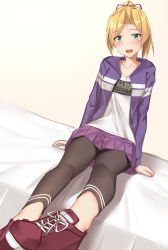 Rule 34 | 1girl, :d, alternate costume, arm support, bad id, bad pixiv id, bed, black pants, blonde hair, blush, casual, clothes writing, commentary request, dutch angle, foreshortening, green eyes, hair ribbon, highres, jacket, kantai collection, long hair, long sleeves, looking at viewer, maikaze (kancolle), miniskirt, on bed, open clothes, open jacket, open mouth, pallad, pants, pants under skirt, parted bangs, pleated skirt, ponytail, purple jacket, purple skirt, red footwear, ribbon, shadow, shirt, shoes, sitting, skirt, smile, sneakers, solo, white shirt