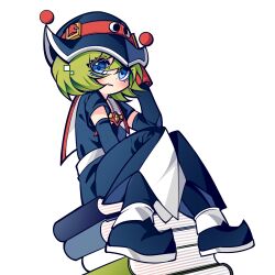 Rule 34 | 1girl, blue eyes, blush, book, ebm7-5, elbow gloves, gloves, green hair, hat, kartrider, orb, short hair, simple background, sitting, solo, tiera (kartrider), white background, witch hat