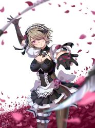 Rule 34 | 1girl, absurdres, apron, artist request, bad id, black gloves, breasts, brown hair, cleavage, closed mouth, flower, gloves, hair flower, hair ornament, hair over one eye, highres, holding, holding scythe, holding weapon, honkai (series), honkai impact 3rd, maid apron, maid headdress, mole, mole under eye, pantyhose, petals, purple eyes, purple flower, purple rose, rita rossweisse, rita rossweisse (umbral rose), rose, scythe, short hair, short sleeves, smile, solo, weapon, white background