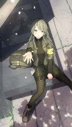 Rule 34 | 1girl, blush, boots, girls&#039; frontline, gloves, green eyes, grey hair, hair between eyes, highres, jacket, long hair, looking at viewer, open mouth, ribbon, solo, ump40 (girls&#039; frontline), wo you yibei jia wanli
