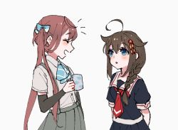 Rule 34 | 2girls, :d, :o, ^ ^, arm warmers, arms behind back, asagumo (kancolle), ascot, bad id, bad pixiv id, black serafuku, black shirt, black skirt, blue bow, blue eyes, blue neckwear, blush, bow, braid, brown hair, closed eyes, collared shirt, cup, dress shirt, grey background, grey skirt, hair between eyes, hair bow, hair ornament, holding, holding cup, kantai collection, long hair, mug, multiple girls, neckerchief, nuno (pppompon), open mouth, parted lips, pleated skirt, profile, puffy short sleeves, puffy sleeves, red neckwear, sailor collar, school uniform, serafuku, shigure (kancolle), shirt, short sleeves, simple background, single braid, skirt, smile, suspender skirt, suspenders, twintails, very long hair, white sailor collar, white shirt