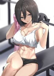 Rule 34 | 1girl, abs, bare shoulders, bench press, black hair, black shorts, blurry, blurry background, blush, breasts, cleavage, collarbone, crop top, depth of field, feet out of frame, grey eyes, hair between eyes, hands up, holding, holding towel, kesoshirou, looking to the side, medium breasts, midriff, mikasa ackerman, navel, parted lips, shingeki no kyojin, short hair, shorts, simple background, sitting, solo, sweat, tank top, toned, towel, white background, white tank top