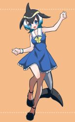 Rule 34 | 10s, 1girl, bare shoulders, blonde hair, blowhole, blue eyes, blue hair, cetacean tail, collarbone, commentary request, common dolphin (kemono friends), dress, fins, fish tail, frilled dress, frills, full body, highres, kemono friends, multicolored hair, neck ribbon, petit ramune, ribbon, sailor collar, sailor dress, short hair, sleeveless, solo, tail, white hair