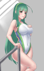 Rule 34 | 1girl, ashley asiyu, bare shoulders, blush, breast suppress, breasts, competition swimsuit, covered navel, covered erect nipples, green eyes, green hair, hairband, highres, long hair, looking at viewer, matching hair/eyes, one-piece swimsuit, railing, smile, solo, standing, swimsuit, touhoku zunko, vocaloid, voiceroid