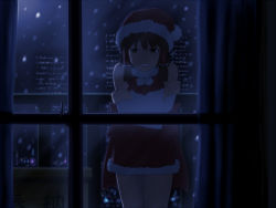 Rule 34 | 1girl, balcony, city lights, clenched teeth, cold, crossed arms, darkness, detached sleeves, door, female focus, hair tubes, hakurei reimu, hat, japanese clothes, looking at viewer, miko, night, perfect cherry blossom, santa costume, santa hat, shirosato, snow, snowing, solo, teeth, touhou