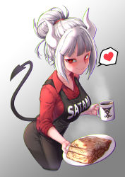 Rule 34 | 1girl, apron, black apron, black pants, blush, breasts, closed mouth, clothes writing, coffee, coffee mug, collared shirt, commentary request, cropped legs, cup, curled horns, demon girl, demon horns, demon tail, eyebrows hidden by hair, food, gradient background, grey background, hair bun, heart, helltaker, highres, holding, holding cup, holding plate, horns, long sleeves, looking at viewer, lucifer (helltaker), medium breasts, mole, mole under eye, mug, pancake, pants, plate, red eyes, red shirt, shirt, silver hair, single hair bun, smile, solo, spoken heart, steam, tail, tail raised, white background, yaosera