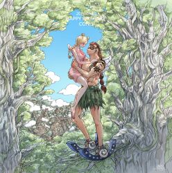 Rule 34 | 1boy, 1girl, arm tattoo, blonde hair, braid, braided ponytail, carrying, cloud, conis (one piece), dated, dress, facial tattoo, happy birthday, highres, looking at another, muscular, muscular male, on tree, one piece, pink dress, profile, shina (ooo417ooo), sky, smile, tattoo, topless male, tree, wings, wyper (one piece)