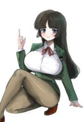 Rule 34 | 1girl, black hair, black pantyhose, blue eyes, blush, breasts, brown footwear, collared shirt, commission, commissioner upload, green jacket, green skirt, hand on ground, high-waist skirt, highres, houjin exaxxion, jacket, large breasts, long hair, minagata isaka, neck ribbon, pantyhose, parted bangs, pointing, pointing up, red ribbon, ribbon, school uniform, shirt, shishamosama, skeb commission, skirt, smile, solo, squatting, v-shaped eyebrows, white background, white shirt