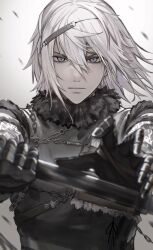 Rule 34 | 1boy, chain, closed mouth, commentary, floating hair, fur collar, fur trim, gauntlets, grey eyes, hair between eyes, highres, holding, holding weapon, looking at viewer, male focus, medium hair, nier, nier (series), nier (brother), serious, simple background, solo, tricoliet, weapon, white background, white hair