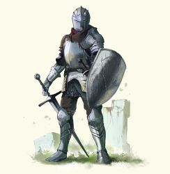 Rule 34 | 1other, ambiguous gender, armor, boots, breastplate, commentary request, full armor, full body, gauntlets, grass, greaves, helm, helmet, holding, holding shield, holding sword, holding weapon, knight, legs apart, looking at viewer, miso katsu, original, pauldrons, shield, shoulder armor, solo, pauldrons, standing, sword, weapon