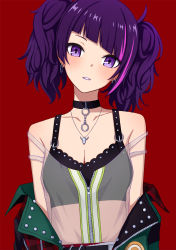 Rule 34 | 1girl, bare shoulders, black choker, blush, breasts, chain, chain earrings, choker, cleavage, collarbone, diagonal bangs, earrings, green jacket, head tilt, highres, idolmaster, idolmaster shiny colors, jacket, jewelry, looking at viewer, mismatched earrings, multicolored hair, necklace, open clothes, open jacket, parted lips, pendant, pink hair, purple eyes, purple hair, purple lips, red neckwear, see-through, short hair, short twintails, simple background, solo, strap slip, streaked hair, tanaka mamimi, twintails, upper body, yahiro (epicopeiidae), zipper, zipper pull tab