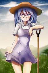 Rule 34 | 1girl, absurdres, bespectacled, blue hair, cowboy shot, dress, glasses, green eyes, hat, hatsune miku, highres, looking at viewer, outdoors, shovel, smile, solo, twintails, vladislav ton, vocaloid, worktool
