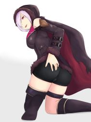 Rule 34 | 1girl, absurdres, artist request, ass, ass grab, bare shoulders, bike shorts, boots, breasts, cameltoe, cygames, deep skin, fang, hair over one eye, half-closed eye, highres, hood, medium breasts, open mouth, red eyes, shadowverse, short hair, smile, solo, thigh boots, thighhighs, wizardess of oz