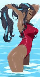 Rule 34 | black hair, blue hair, closed eyes, closed mouth, covered navel, creatures (company), earrings, game freak, hair ornament, highres, holding, holding own hair, hoop earrings, jewelry, long hair, looking to the side, multicolored hair, nessa (pokemon), nintendo, ocean, one-piece swimsuit, pokemon, pokemon swsh, r3dfive, red one-piece swimsuit, swimsuit, thighs, two-tone hair, very long hair, wet, wet clothes, wet hair, wet swimsuit, wide hips