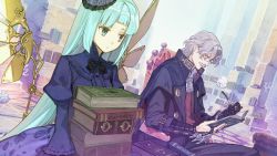 Rule 34 | 1boy, 1girl, :/, aqua hair, arm belt, atelier (series), atelier shallie, black gloves, book, book stack, bow, coat, dress, dutch angle, facial hair, game cg, glasses, gloves, green eyes, grey hair, hidari (left side), holding, holding book, holding smoking pipe, juliet sleeves, keithgrif hazeldine, long hair, long sleeves, mechanical wings, mustache, odelia (atelier), official art, open book, profile, puffy sleeves, short hair, single glove, smoking pipe, very long hair, wings