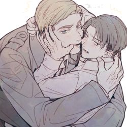 Rule 34 | 2boys, arm around shoulder, black hair, black jacket, blonde hair, blue eyes, blush, collared shirt, erwin smith, finger in another&#039;s mouth, g321377377, jacket, levi (shingeki no kyojin), long sleeves, looking at viewer, male focus, multiple boys, open mouth, parted bangs, shingeki no kyojin, shirt, short hair, swept bangs, thick eyebrows, thumb to mouth, upper body, white background, white shirt, yaoi
