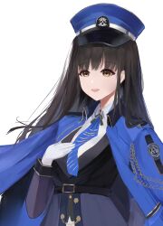 Rule 34 | 1girl, :d, belt, black belt, black footwear, black hair, blue coat, blue hat, blue jacket, blue necktie, blush, boots, breasts, brown eyes, coat, coat on shoulders, collared shirt, commentary, diesel (nikke), earrings, gloves, goddess of victory: nikke, hat, highres, jacket, jewelry, knee boots, long hair, looking at viewer, medium breasts, military, military hat, military uniform, necktie, open mouth, peaked cap, pouch, seiza, shirt, sidelocks, simple background, sitting, smile, solo, striped necktie, teeth, thigh belt, thigh strap, triangle earrings, uniform, upper body, upper teeth only, user hgku7588, white background, white gloves, white shirt