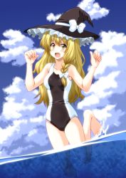 Rule 34 | 1girl, :d, bad id, bad pixiv id, barefoot, blonde hair, braid, cloud, day, female focus, hat, kirisame marisa, long hair, one-piece swimsuit, open mouth, partially submerged, partially underwater shot, ponzu rui, sky, smile, soaking feet, solo, standing, standing on one leg, swimsuit, touhou, underwater, wading, water, witch, witch hat, yellow eyes