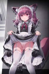 Rule 34 | 1girl, alternate costume, animal ear fluff, animal ears, arknights, closed mouth, clothes lift, enmaided, fox ears, frills, garter straps, highres, kataokasan, lifted by self, looking at viewer, maid, maid headdress, medium hair, panties, pink eyes, pink hair, pink ribbon, pussy juice, pussy juice stain, ribbon, shamare (arknights), skirt, skirt lift, solo, standing, thighhighs, underwear, wet, wet clothes, wet panties, white panties, white thighhighs