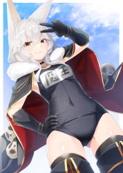 Rule 34 | 1girl, animal ear fluff, animal ears, arm up, black cape, black footwear, black gloves, black one-piece swimsuit, black thighhighs, blue sky, boots, breasts, brown eyes, cape, cloud, commentary request, covered navel, day, dutch angle, elbow gloves, gloves, gluteal fold, grey hair, hair between eyes, hand on own hip, long hair, meth (emethmeth), multicolored cape, multicolored clothes, name tag, old school swimsuit, one-piece swimsuit, outdoors, red cape, school swimsuit, skull, sky, small breasts, solo, swimsuit, thigh boots, thighhighs, v