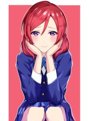 Rule 34 | 1girl, :&gt;, blue jacket, blue skirt, blush, commentary, hands on own cheeks, hands on own face, head rest, highres, jacket, looking at viewer, love live!, love live! school idol project, medium hair, miniskirt, nishikino maki, otonokizaka school uniform, outline, purple eyes, red background, red hair, school uniform, simple background, single bang, sitting, skirt, solo, supra is black (altea), triangle mouth, white outline, winter uniform