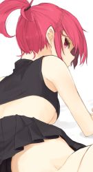 Rule 34 | 1girl, ariaria (netsuki), breasts, crop top, dress, looking at viewer, looking back, miruto netsuki, no bra, original, pleated skirt, ponytail, red dress, red eyes, skirt, solo, underboob