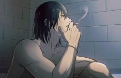 Rule 34 | bathing, bathtub, black hair, blue eyes, chainsaw man, cigarette, hair down, hayakawa aki, highres, smoking, yuana