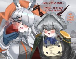 Rule 34 | 1other, 2girls, absurdres, animal ears, arknights, ascot, blush, candy, censored, dragon girl, dragon horns, english text, fog, food, frostnova (arknights), grey hair, hair over one eye, highres, holding, holding candy, holding food, horns, mintmosse, mosaic censoring, multiple girls, rabbit ears, rabbit girl, scarf, speech bubble, talulah (arknights), talulah the fighter (arknights), white hair