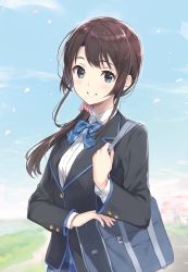 Rule 34 | 1girl, bag, black jacket, blue bow, blue bowtie, blue eyes, blue skirt, blush, bow, bowtie, breasts, brown hair, chitose-kun wa ramune bin no naka, collared shirt, day, dress shirt, floating hair, grin, hair ornament, hair over shoulder, hair scrunchie, highres, jacket, long hair, long sleeves, looking at viewer, low ponytail, medium breasts, novel illustration, official art, outdoors, pink scrunchie, ponytail, school bag, school uniform, scrunchie, second-party source, shirt, skirt, smile, solo, standing, striped bow, striped bowtie, striped clothes, striped neckwear, textless version, upper body, usada yua, weee (raemz), white shirt, wing collar