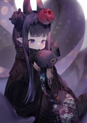 Rule 34 | 1girl, absurdres, black scarf, closed mouth, commentary, flower, gloves, hair bun, hair flower, hair ornament, headpiece, highres, hololive, hololive english, japanese clothes, kimono, mole, mole under eye, ninomae ina&#039;nis, ninomae ina&#039;nis (new year), obi, obiage, obijime, official alternate costume, pointy ears, pola (1021), purple eyes, purple hair, purple kimono, sash, scarf, sidelocks, single hair bun, smile, solo, standing, takodachi (ninomae ina&#039;nis), tentacles, virtual youtuber